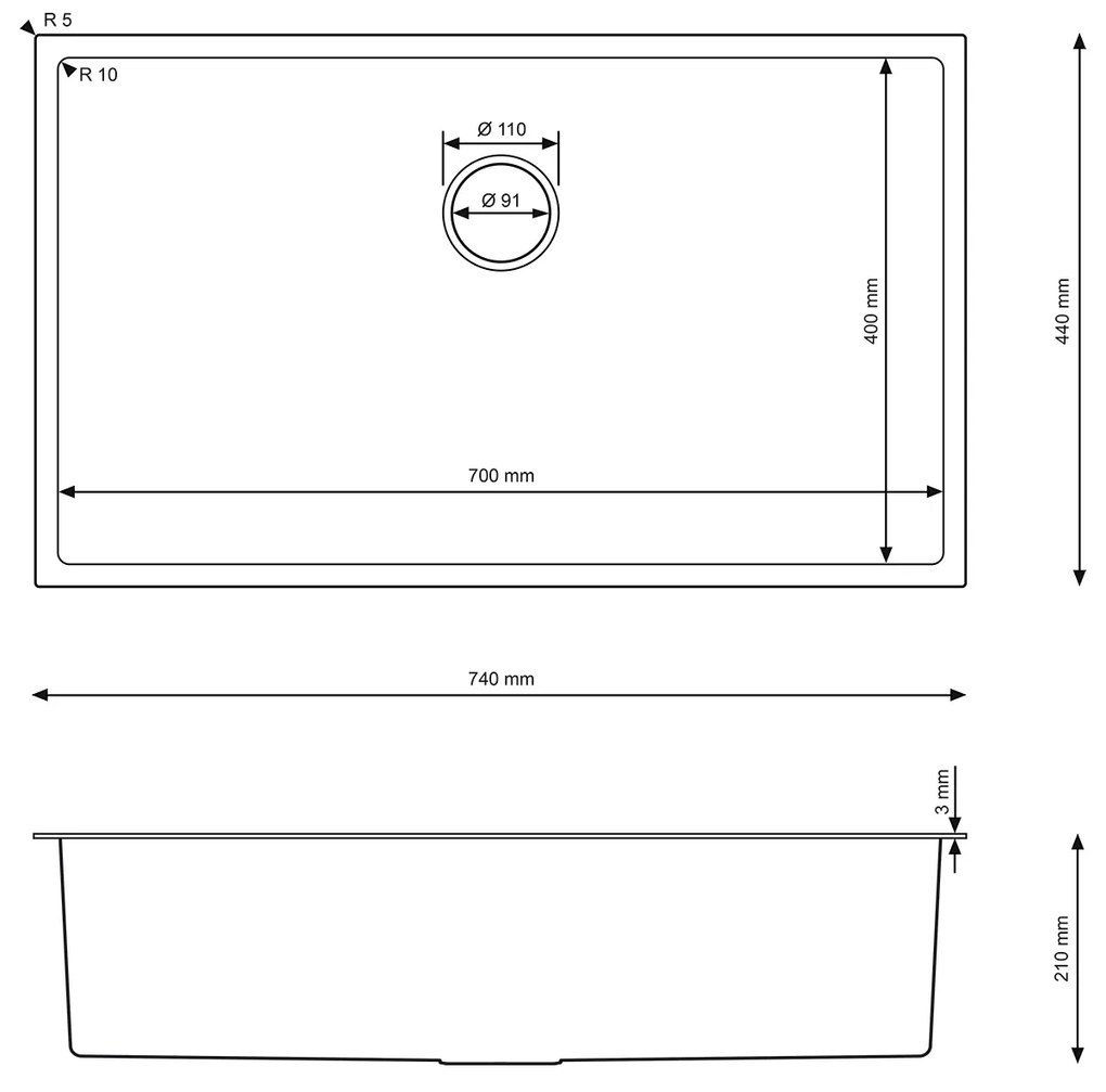 Erga HD, 1-komorový oceľový drez 740x440x210 mm, oceľová, ERG-MLS-HD7444