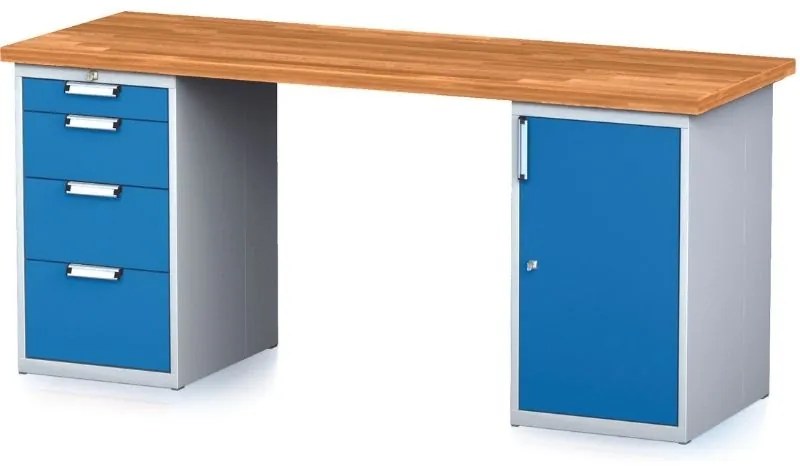 Alfa 3 Dielenský stôl MECHANIC I so zásuvkovým boxom a skrinkou na náradie namiesto nôh, 4 zásuvky, 2000 x 685 x 880 mm, modré dvere