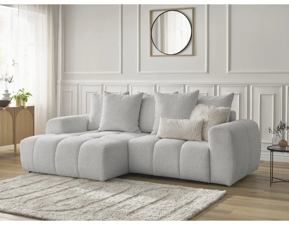 Svetlosivá rozkladacia/s úložným priestorom rohová pohovka z textílie buklé (ľavý roh/s leňoškou) Roxelane – Bobochic Paris