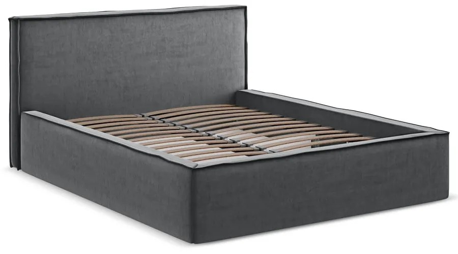 Tmavosivá čalúnená dvojlôžková posteľ s úložným priestorom s roštom 160x200 cm Anani – Makamii