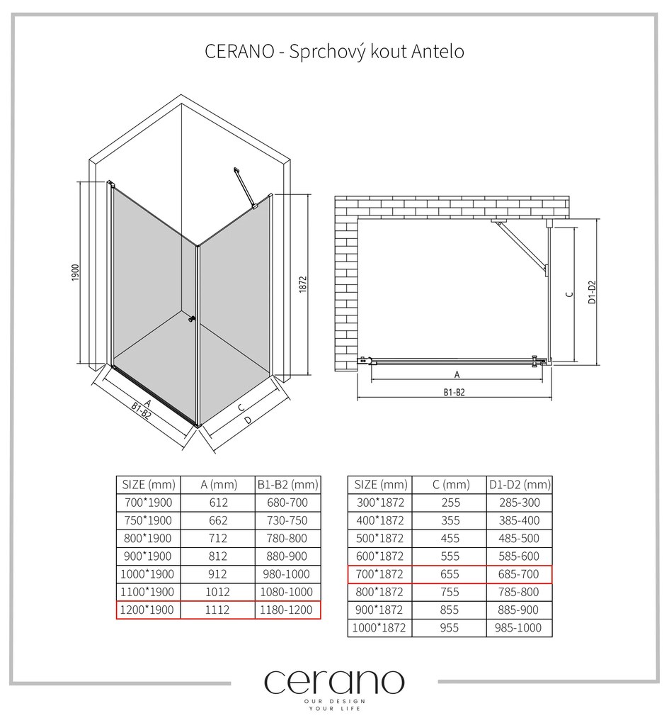 CERANO - Sprchovací kút Antelo L/P - 6 mm - čierna matná, transparentné sklo - 120x70 cm - krídlový, CER-CER-8050BD7498