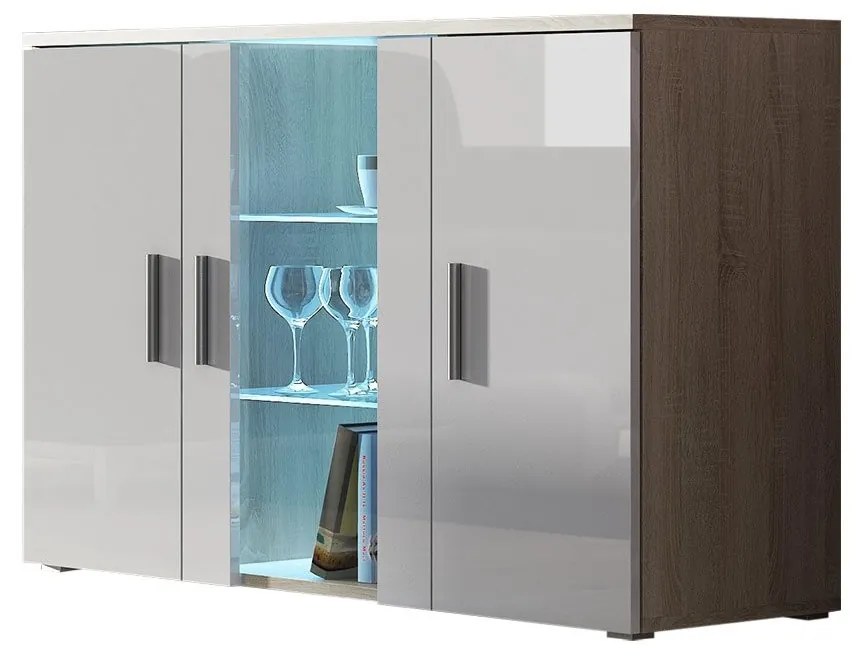 Komoda Boho B7, Osvetlenie: osvetlenie LED modré, Farby: biela / biely lesk