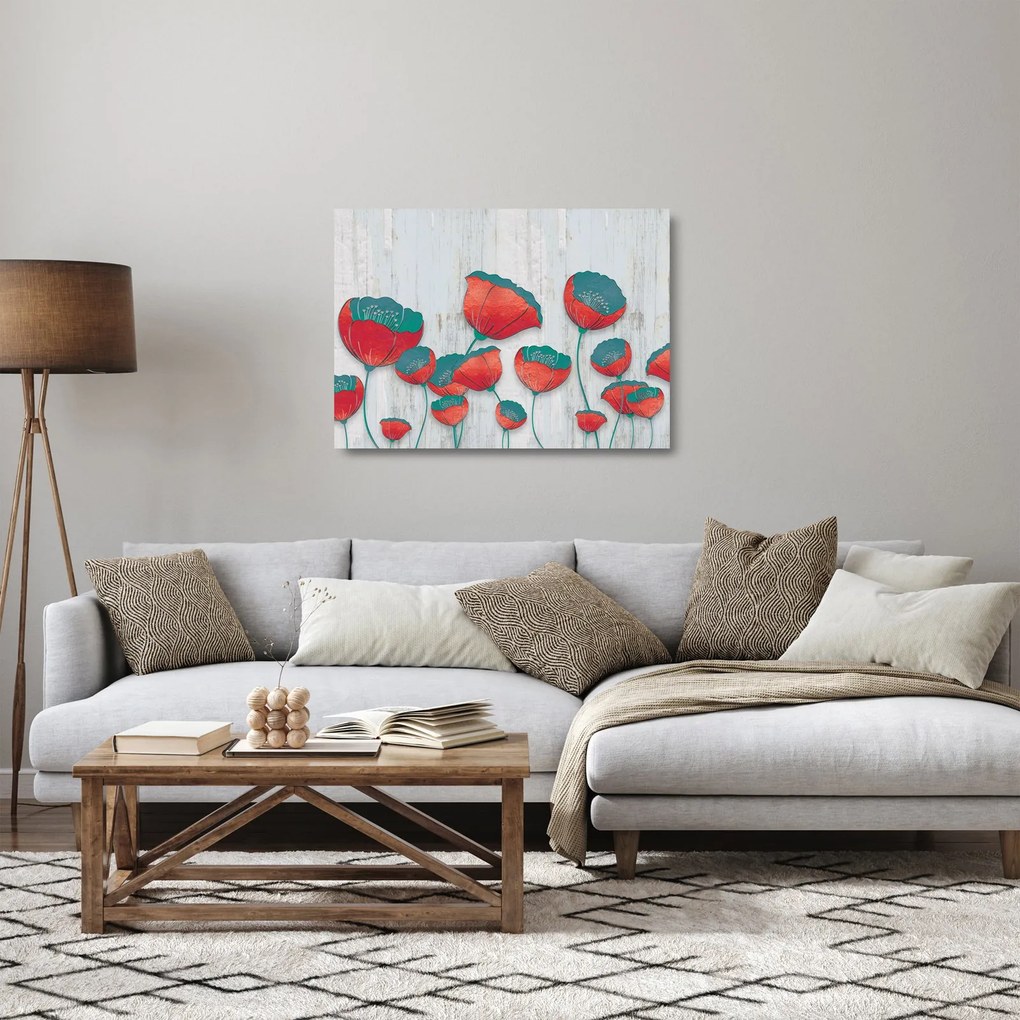 Sklenený obraz - Vlčie maky - petrolej (70x50 cm)