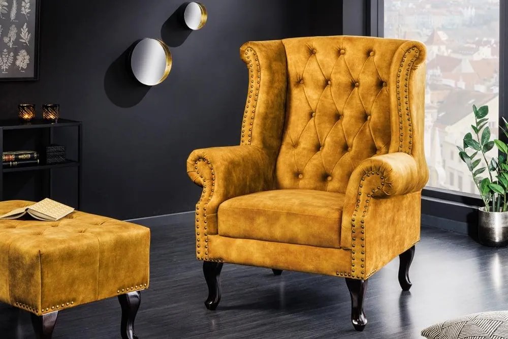 Invicta Interior - Kreslo CHESTERFIELD 85cm, horčicovo žlté, zamat
