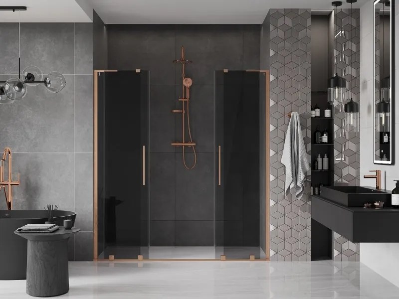 Mexen Velar L Duo, posuvné sprchové dvere do otvoru 170 cm, 8mm šedé sklo, medená matná, 871-170-003-42-65