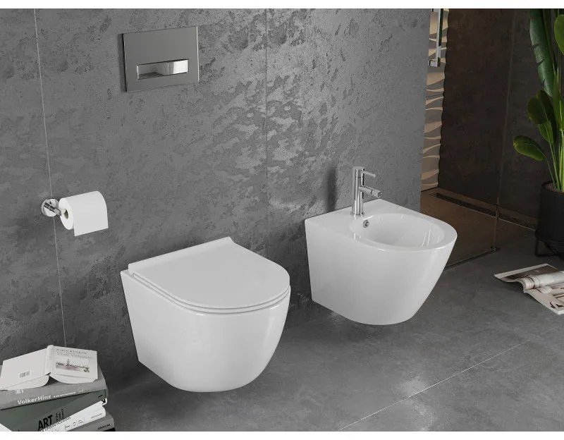 Mexen LENA Rimless, závesná WC misa so sedátkom pomaly-padajúcim SLIM, 48 x 36 cm, biela, 30220500