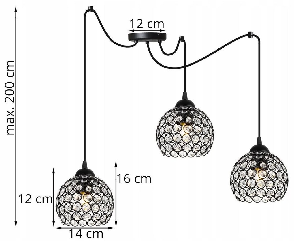 Závesné svietidlo Crystal spider, 3x čierne krištáľové tienidlo