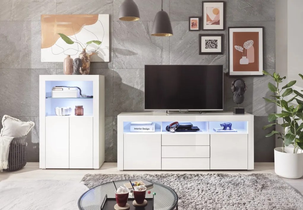 Široká TV skrinka Leeds, biela lesk, s osvetlením