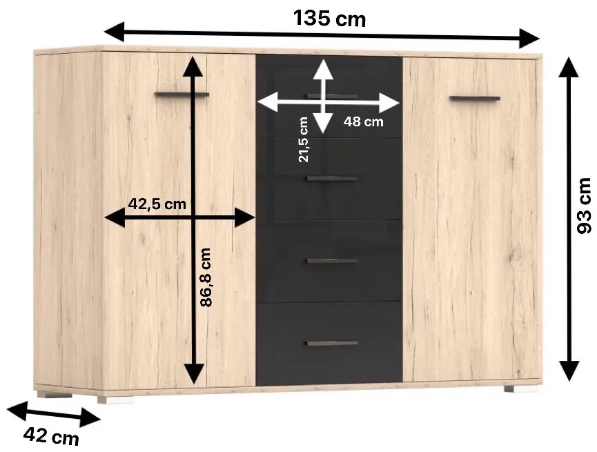 Komoda 2D4S BARI 135 cm dub san remo sand/čierna