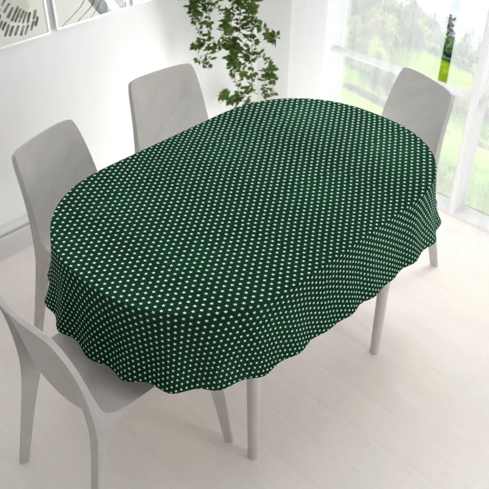 Biante Bavlnený oválny obrus Sandra SA-350 Biele hviezdičky na tmavo zelenom 100x140 cm