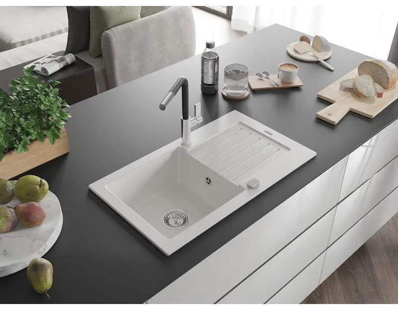 Mexen Pablo, 1-komorový granitový drez 752x436x161 mm a drezová batéria Flora, biela, 6510-20-670401-07
