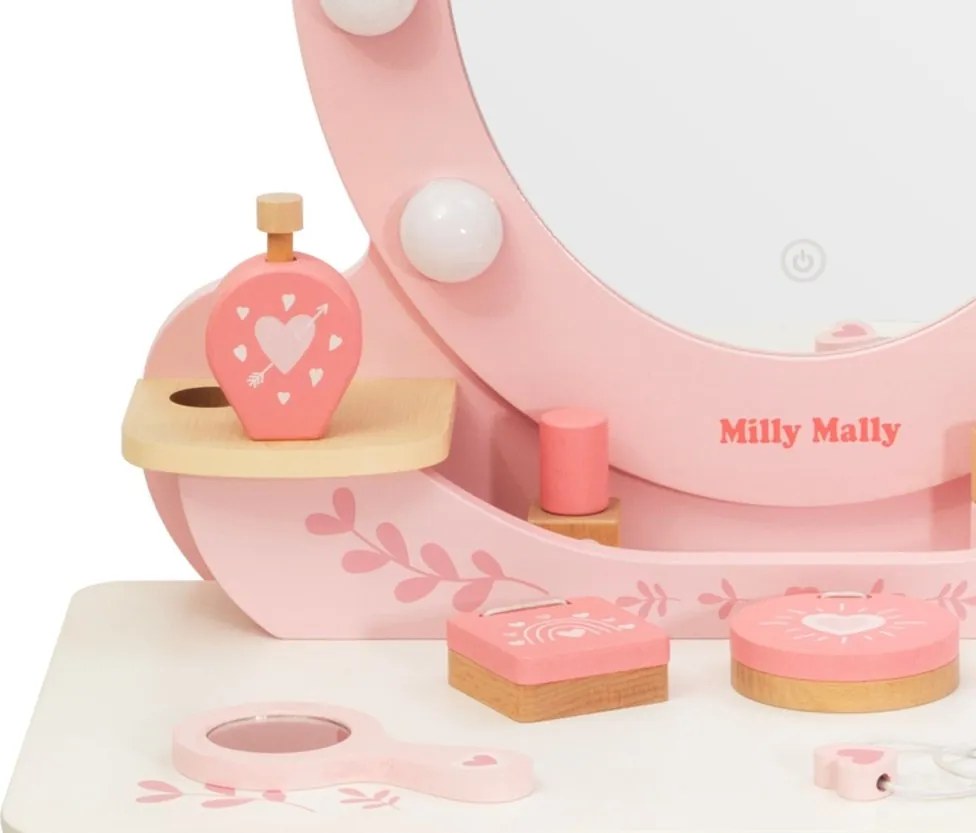 Veľká drevená toaletka ELLY pre deti s LED svetlom a taburetkou ružová