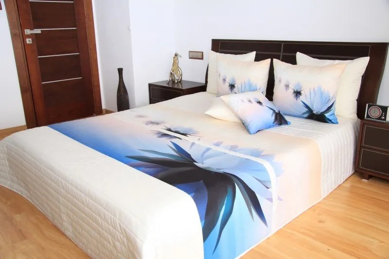 DomTextilu Modro krémový prehoz na posteľ s leknami Šírka: 220 cm | Dĺžka: 240 cm 3553-103359