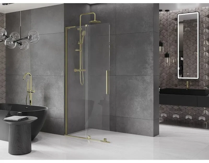 Mexen Velar L, posuvná sprchová zástena Walk-in 110 x 200 cm, 8mm číre sklo, zlatá lesklá, 871-110-003-03-50
