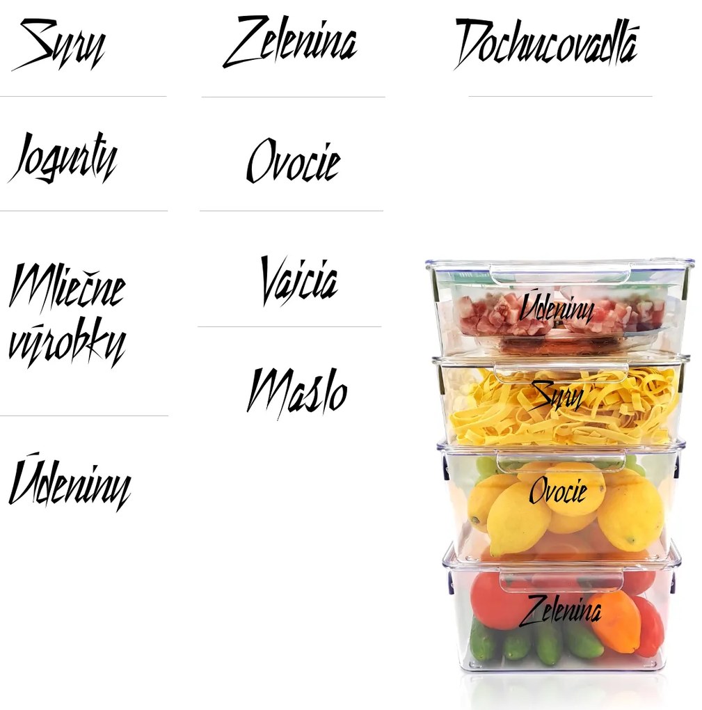 Sada štítkov / nálepiek do chladničky – 9 názvov, písmo DESIGN Farba písma: Biela