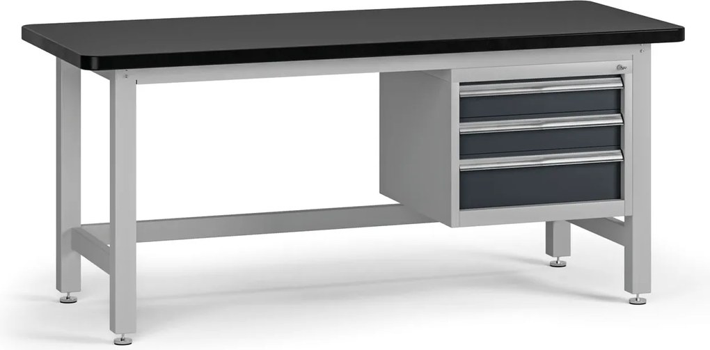 Pracovný stôl do dielne G4 so závesným boxom na náradie, MDF + PVC doska, 3 zásuvky, 1800 x 750 x 800 mm, grafit