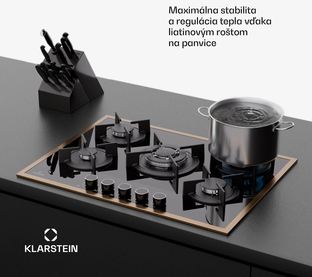 Klarstein Lumiflame plynová varná doska, 5 horákov, medený rám, elektrické zapaľovanie, výkon 10,4 kW