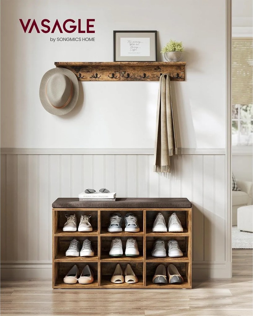 Lavička na topánky, botník s čalúneným sedadlom, 9 priehradiek, rustikálny hnedý