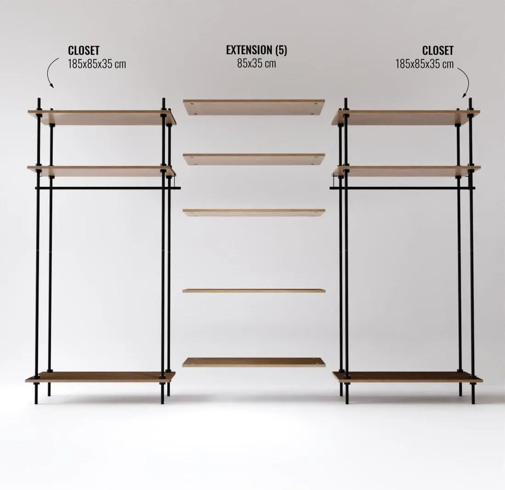 Otvorená šatníková skriňa v industriálnom dizajne DECO s 11 policami, 185x235x35 cm