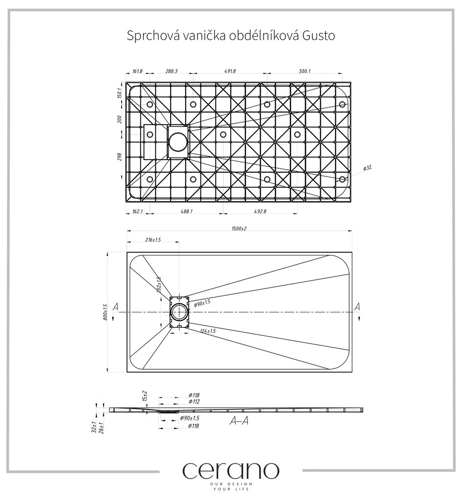 Cerano Gusto, obdĺžniková sprchová vanička 150x80x3 cm z minerálneho kompozitu, biela, CER-CER-414713