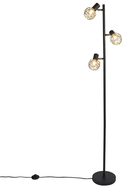 Dizajnová stojaca lampa čierna so zlatom 3-svetlo nastaviteľné - Mesh