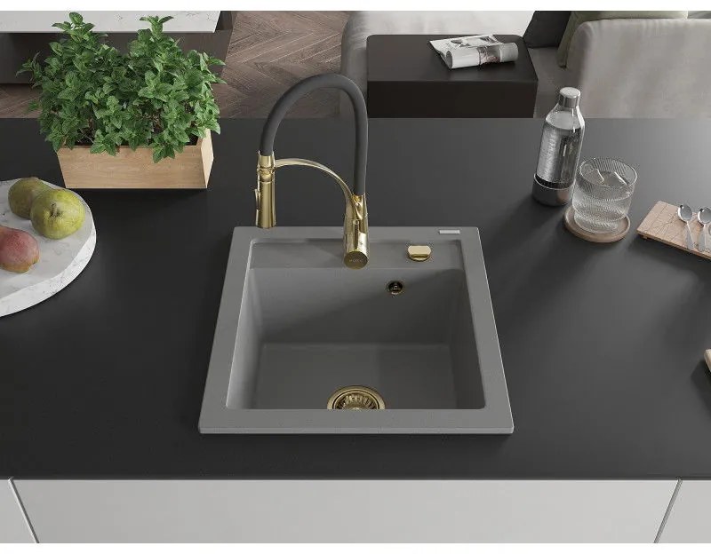 Mexen Vito, 1-komorový granitový drez 490x520x210 mm a drezová batéria Aster, šedá, 6503-71-73450-57-G