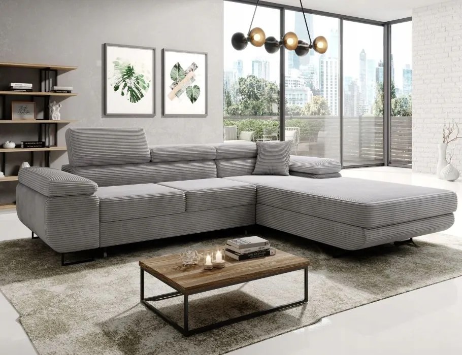 Štruktúrovaný šedý rohovník s funkciou spania vpravo Astorp L s opierkami hlavy.