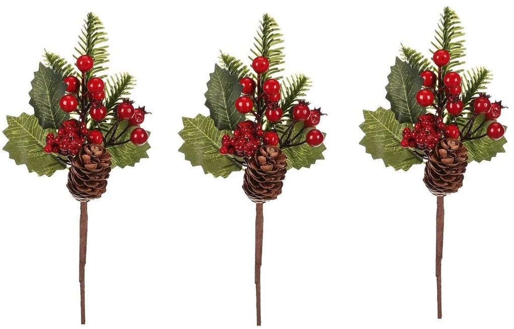 Set vetvičiek so šiškami a bobuľami, 3 ks, červená, 24 cm