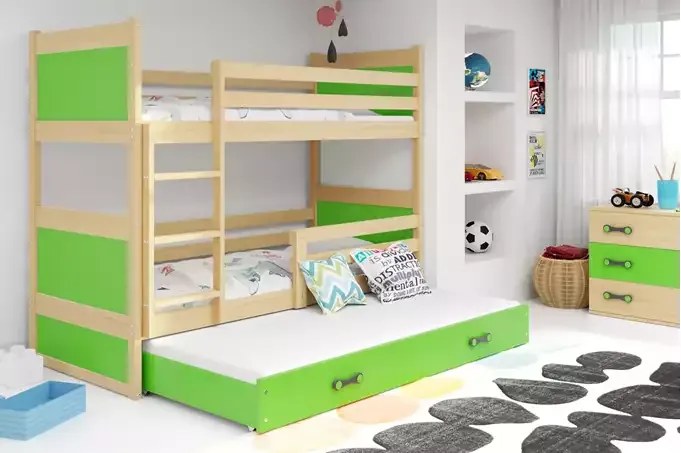 3-lôžková poschodová posteľ RICO so zásuvkou, prírodná/zelená