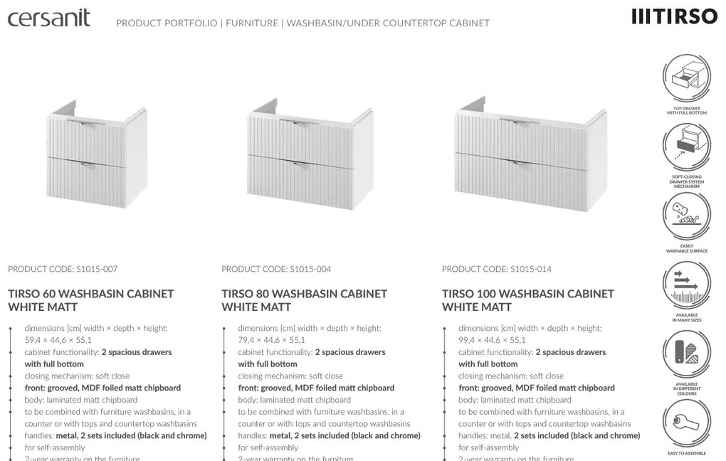 Cersanit Tirso, závesná skrinka pod umývadlo 794x447x572 mm, biela matná, S1015-004