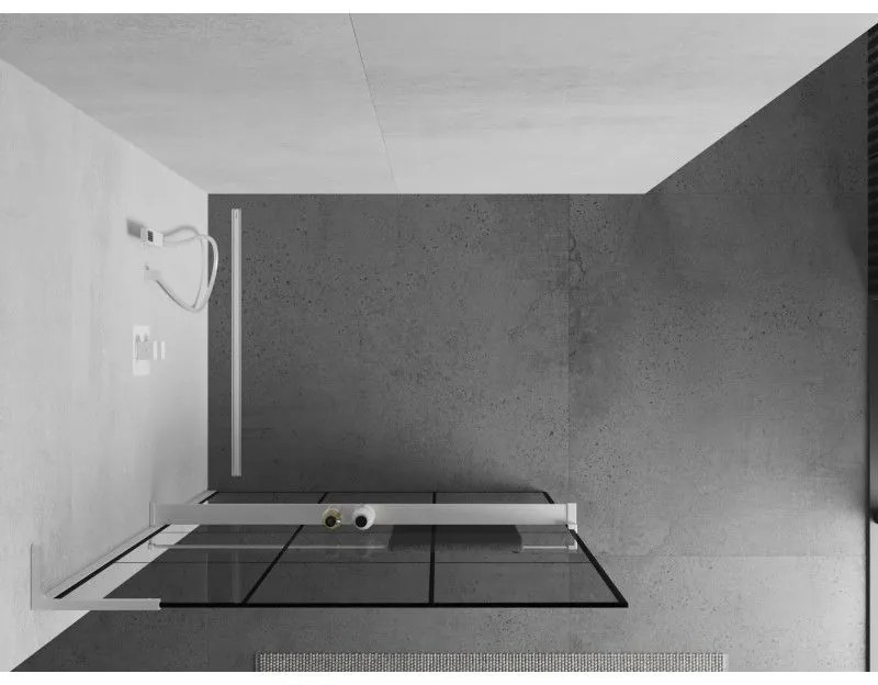 Mexen Kioto+ L, sprchová zástena Walk-In s poličkou a vešiakom 120 x 200 cm, 8mm číre sklo čierny vzor, biely profil, 800-120-123-20-77