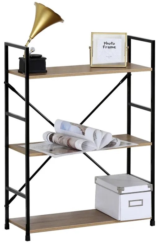 Regál, 3 police, dekor dub, MDF, černý lak