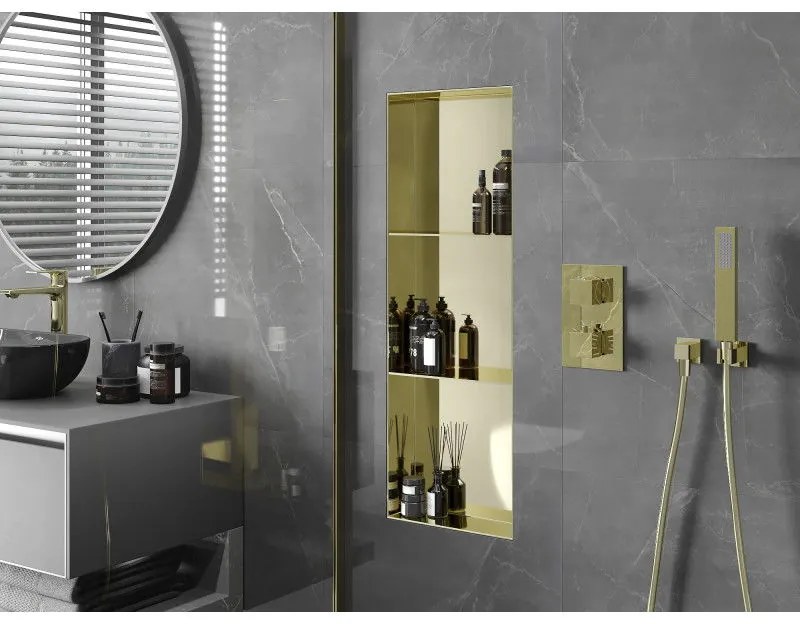 Mexen X-Wall-NR, polička na zapustenie pod obklad bez goliera 90 x 30 cm, zlatá matná, 1951903010S