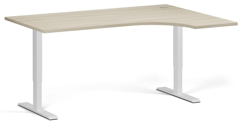 Rohový výškovo nastaviteľný stôl, 160x120 cm, 1 motor, L/P, biela podnož, dub prírodný