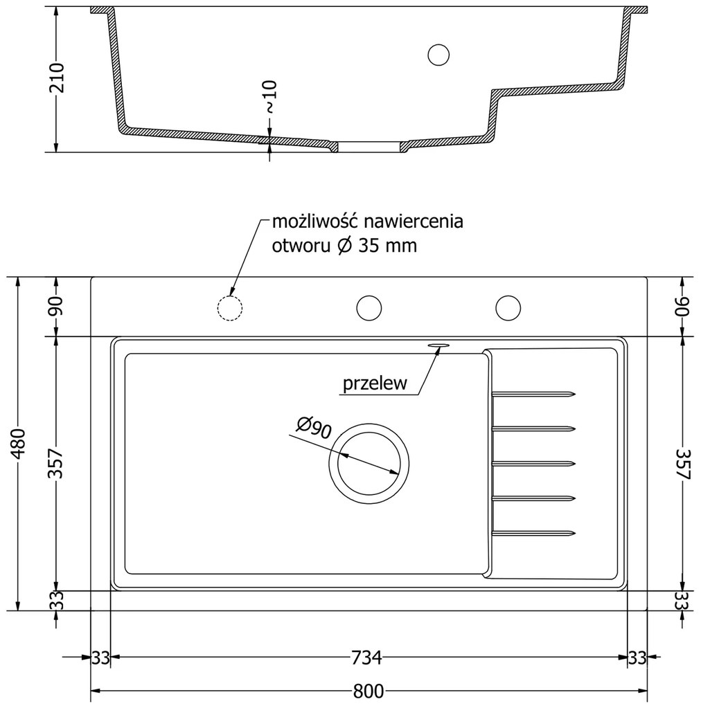 Mexen Omar, 1-komorový granitový drez 800x480x210 mm, biela, grafitový sifón, 6520801005-20-B