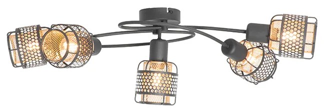 Dizajnové stropné svietidlo čierne so zlatom 5-svetlo - Noud