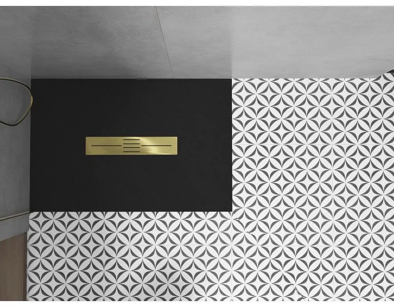 Mexen Toro, SMC obdĺžniková sprchová vanička 140 x 90 cm, čierna, zlatá krytka, 43709014-G