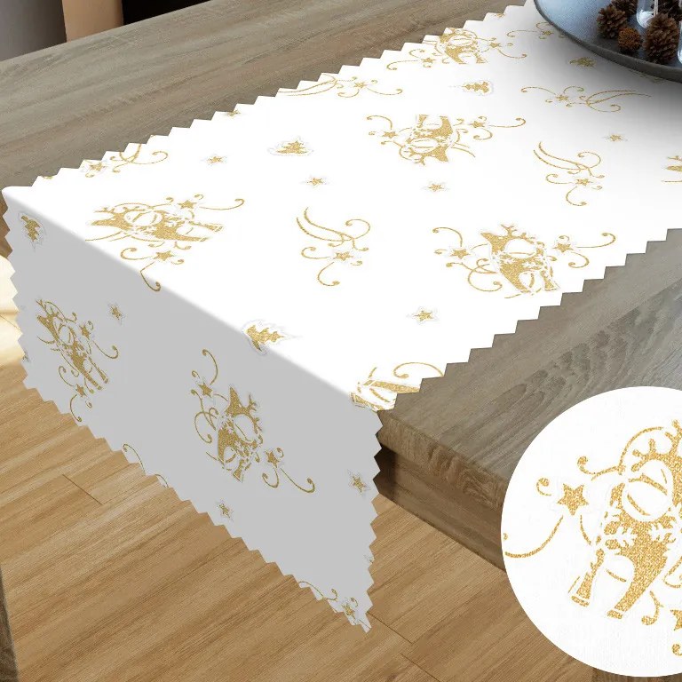 Goldea teflónový behúň na stôl - vzor zlatí vianoční sobi na bielom 20x180 cm
