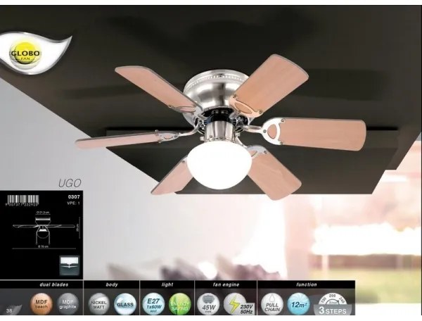 GLOBO 307 - Stropný ventilátor UGO 1xE27/60W/230V