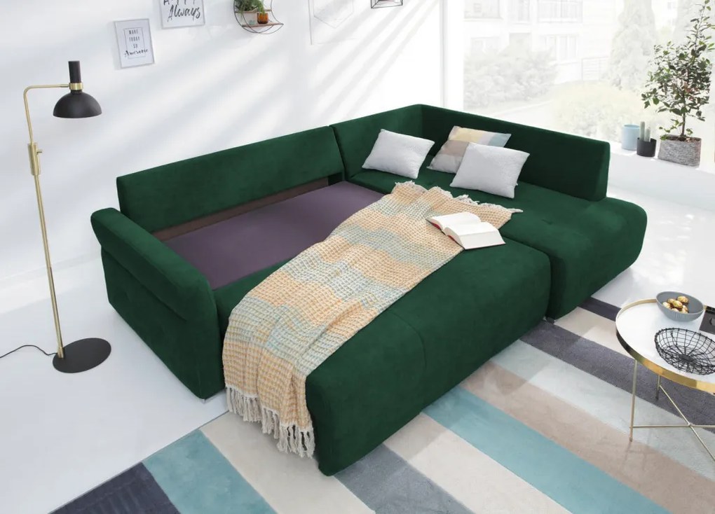 Rohová sedačka na trvalé spanie Island, tmavo zelená látka, pravý roh