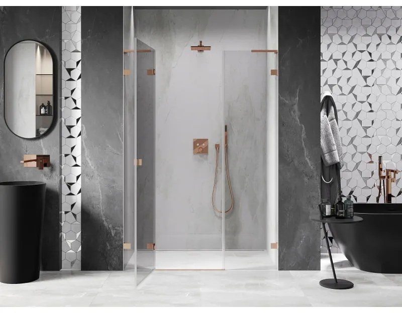 Mexen Lunar L, ľavé otočné sprchové dvere 160 cm, 8mm číre sklo, medený matný profil, 834SL-160-050-65-00-L