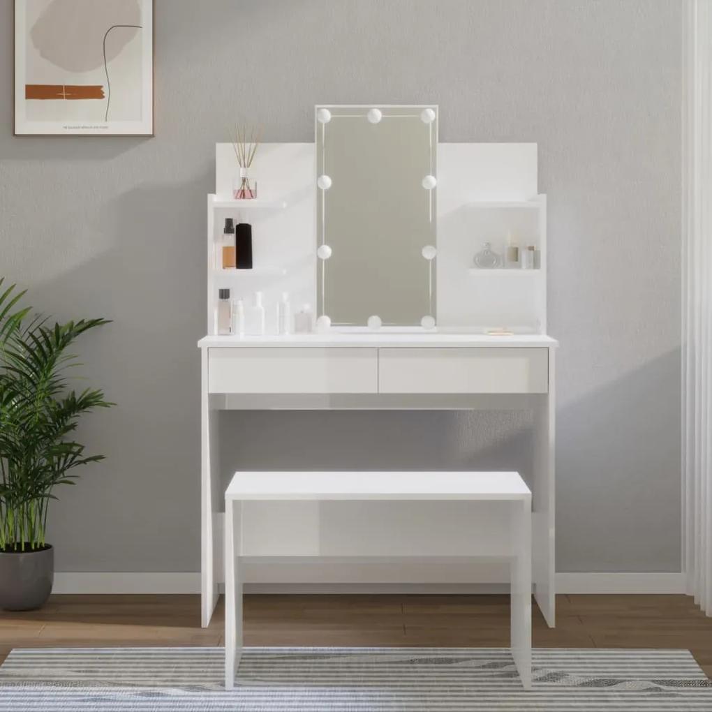 vidaXL Sada toaletného stolíka s LED lesklá biela spracované drevo