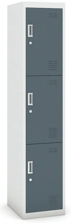 Šatníková skrinka S3 s úložnými boxami, 3 boxy, 1800 x 380 x 450 mm, demont, cylindrický zámok, sivá/tmavosivá