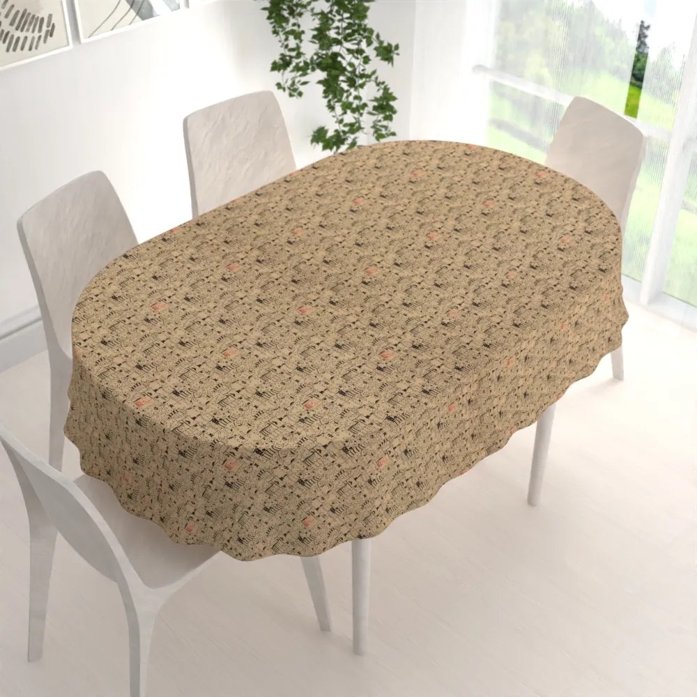Biante Dekoračný oválny obrus PML-093 Pes medzi mačkami na hnedobéžovom 140x200 cm