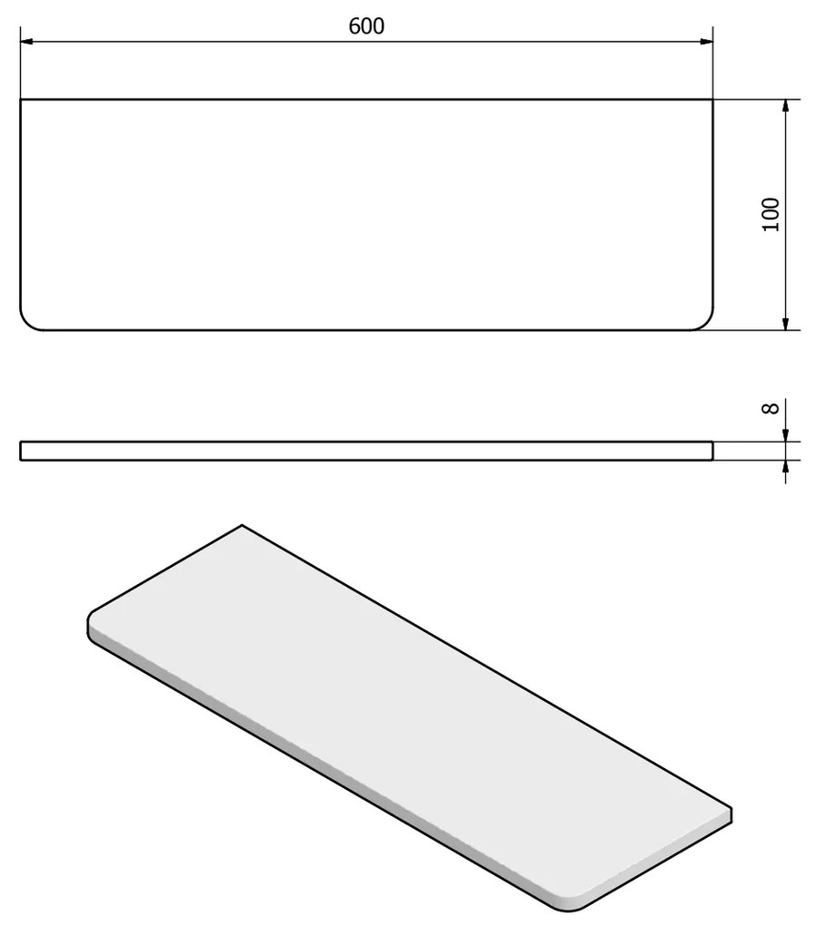 Sapho Sapho, Polica 600x100x8mm, číre sklo, 23482