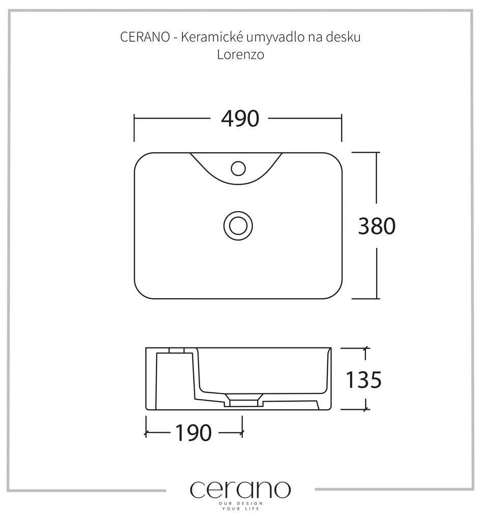 Cerano Lorenzo, keramické umývadlo na dosku 490x380x135 mm, biela lesklá, CER-CER-417167