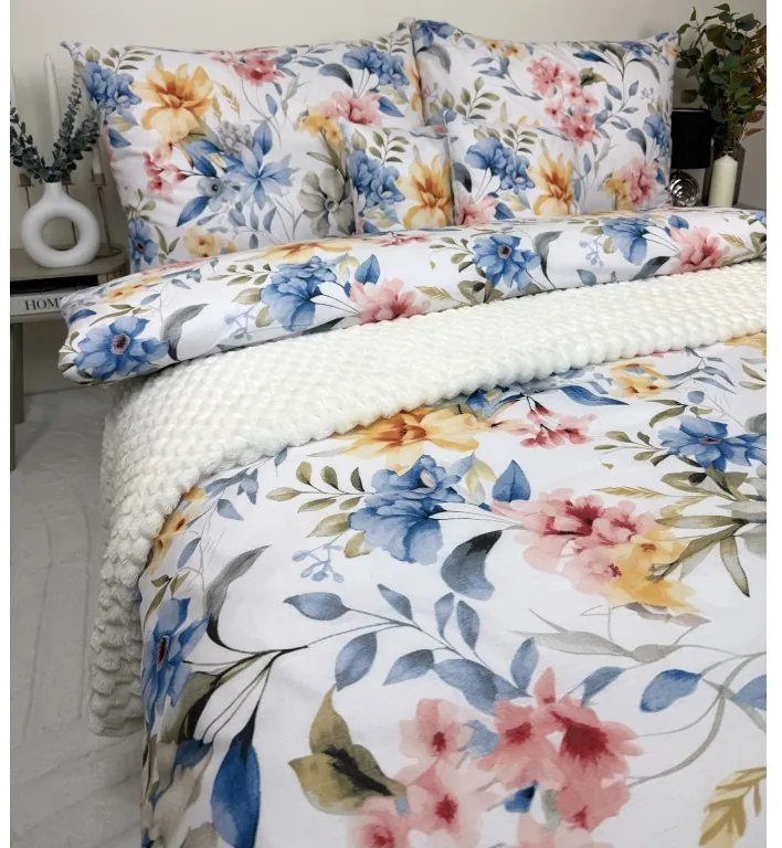 Obliečky Toscania 200x220 / 2×70x90 cm – 100% bavlna, kvetinový vzor, biely podklad s oranžovými, modrými a ružovými detailmi, zips