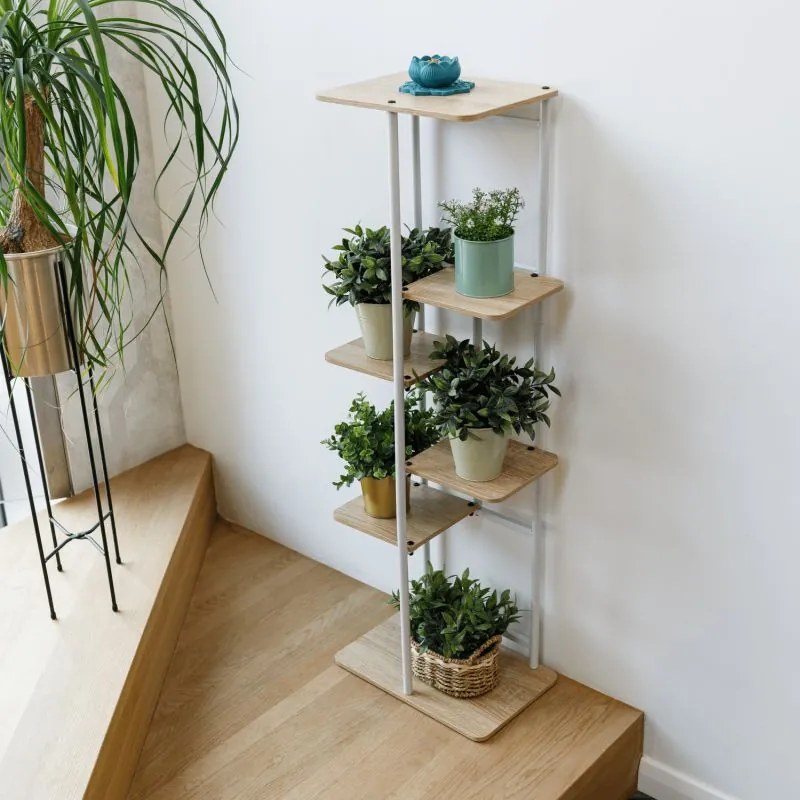 Kondela Stojan na kvety, kov biely, DTD dub sonoma, LEDOR TYP 2