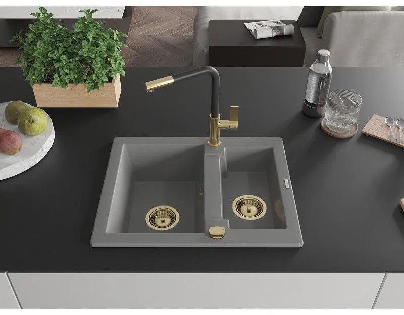 Mexen Carlos, 1,5-komorový granitový drez 582x475x177 mm a drezová batéria Flora, šedá, 6518-71-670401-57-G