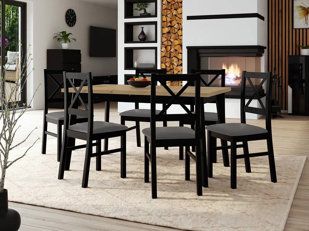 Stôl so 6 stoličkami - AL43, Morenie: dub artisan L, Poťahové látky: Hygge D91, Farby nožičiek: čierna